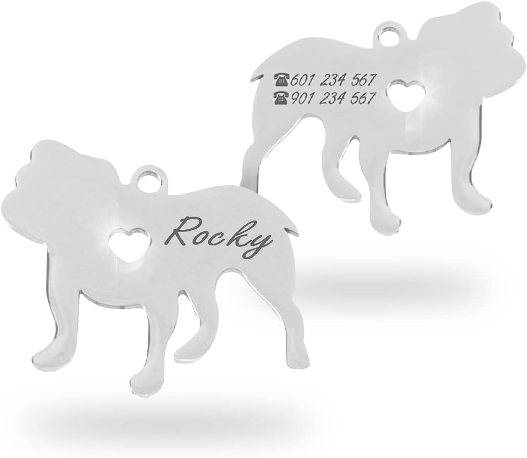 Chapa para Perro y Gato Personalizada - Ideal para Grabar su Nombre y tu Contacto - Placa Identificativa Hecha de Acero Inoxidable - Forma de Bulldog - Regalos Market