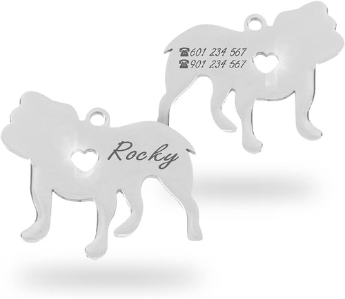 Chapa para Perro y Gato Personalizada - Ideal para Grabar su Nombre y tu Contacto - Placa Identificativa Hecha de Acero Inoxidable - Forma de Bulldog - Regalos Market