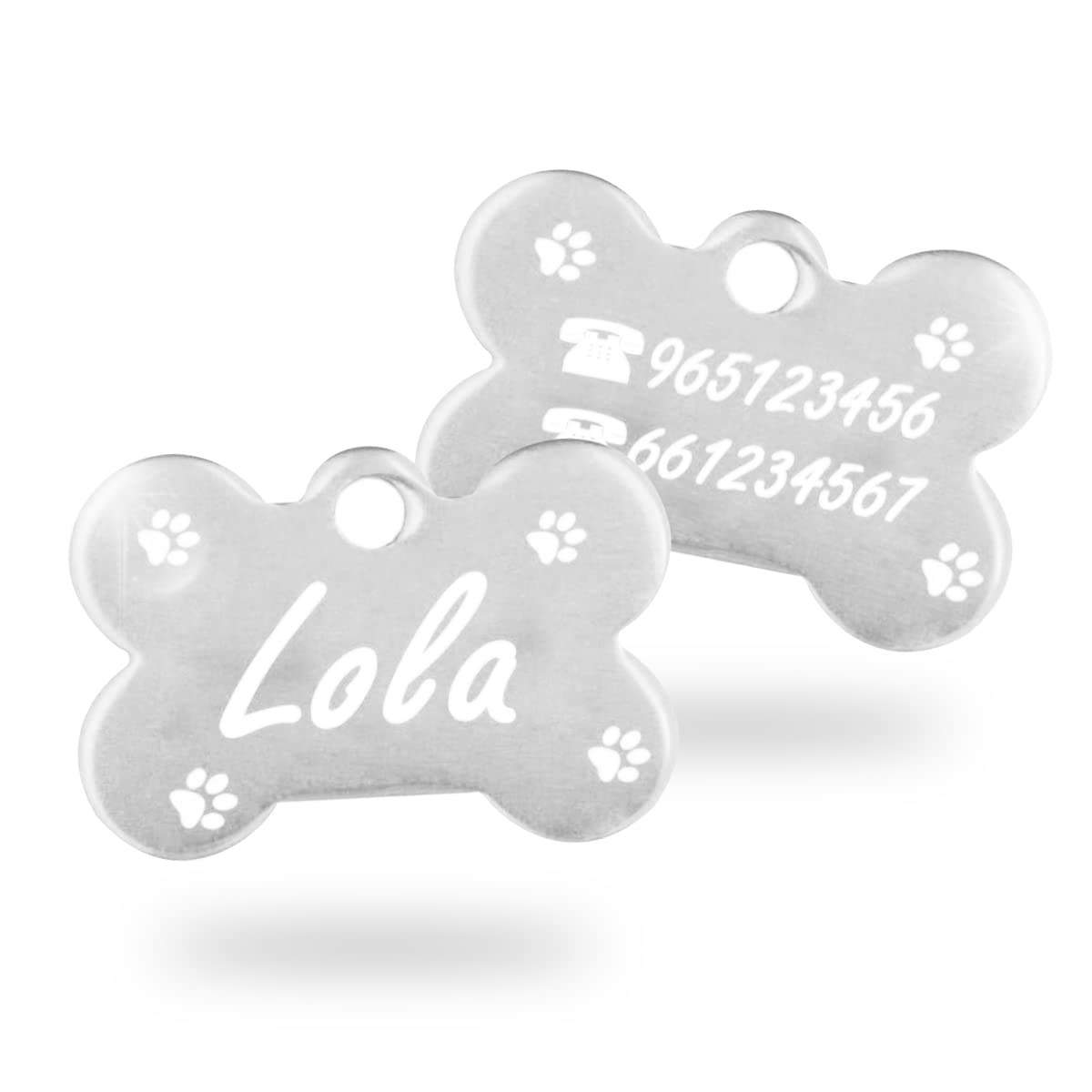 Ibera Gifts - Chapa Perro Grabada en Forma de Hueso, Placa Perro Personalizada para Perros y Gatos Muy Pequeños o Cachorros, Tamaño 22 x 15 mm, Chapa Identificativa Perro y Gato (Plateada)