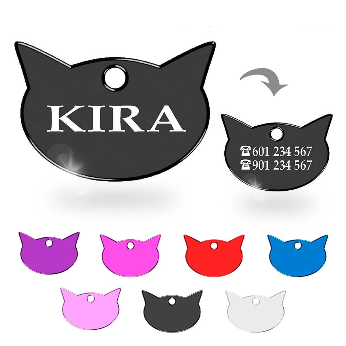 Ibera Gifts - Chapa Identificativa Gato en Forma de Cara de Gato, Chapa Nombre Gato para Gatos de Todos los Tamaños, Aluminio Brillante, Collar Gato Personalizado (Rojo)