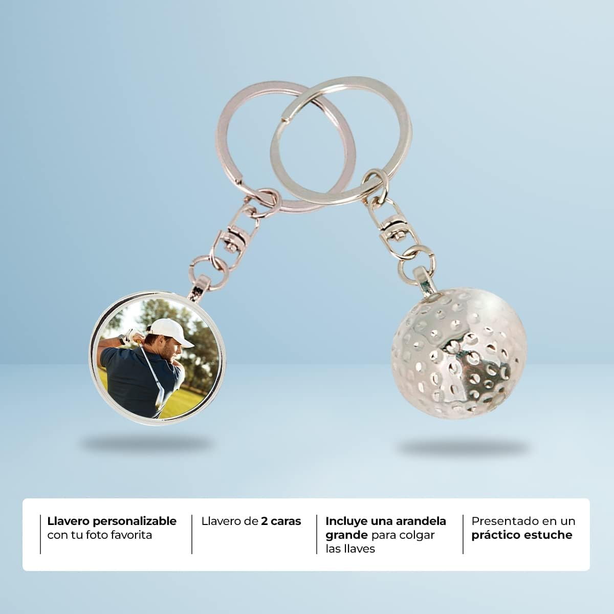 ibera gifts - Foto Llavero personalizado Bola de Golf - Regalos originales personalizados Mujer Hombre Parejas Novios Papa Dia de Padre - Grabado con Imagen Mensaje