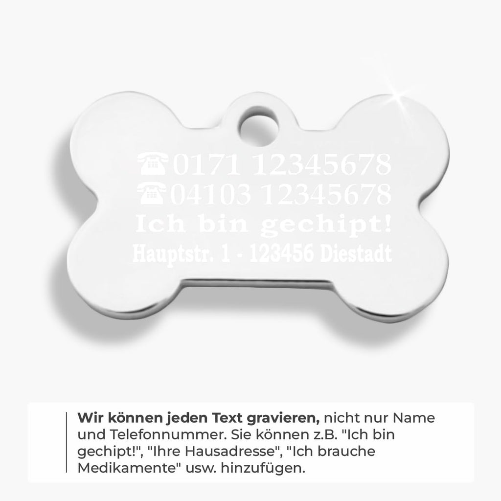 Ibera gifts - Hundemarke mit Gravur und personalisierte Hundemarke in Knochenform für mittelgroße bis große Hunde und Katzen (Silber, Keine Zeichnung)