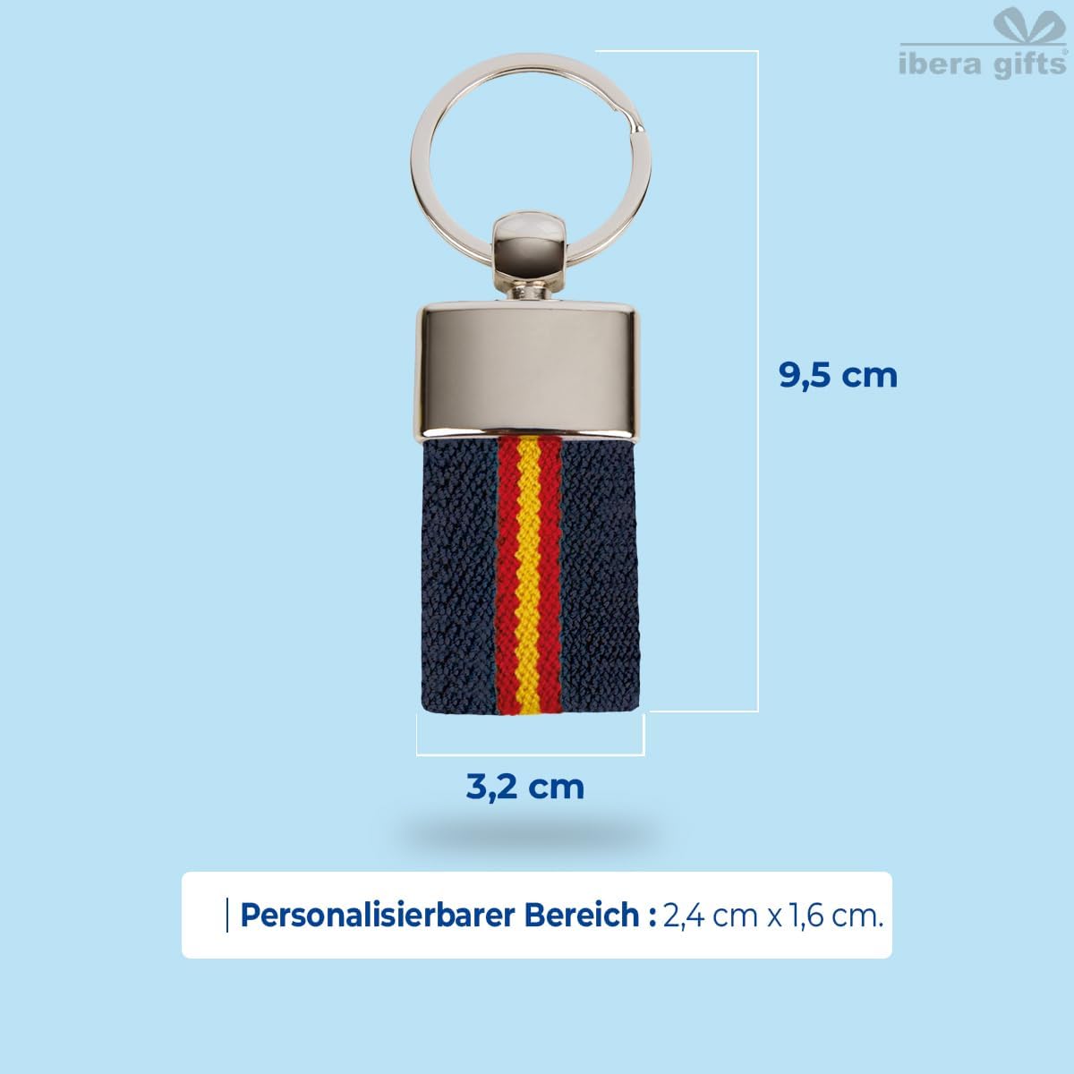 ibera gifts - Schlüsselanhänger personalisiert mit Farben der Spanischen Flagge, mit Namen, 9,5 x 3,2 cm, in Geschenkbeutel