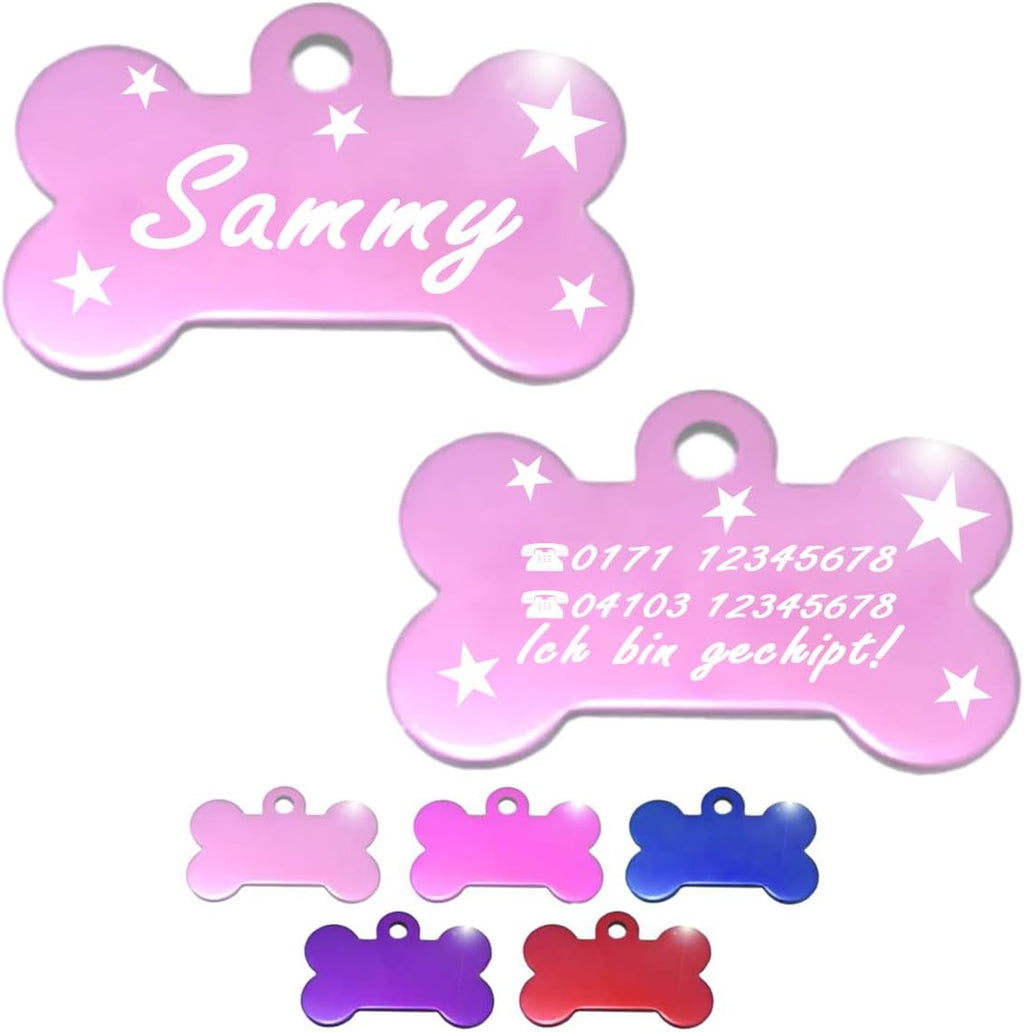Ibera gifts - Hundemarke mit Gravur, Hundemarke personalisiert, XL, Knochenförmig, für große Haustiere, Aluminium (Rosa)