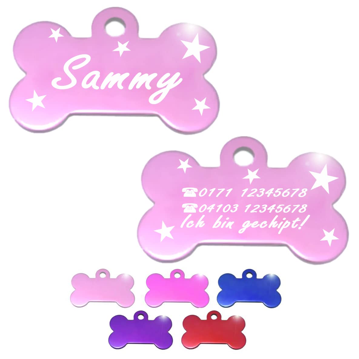 Ibera gifts - Hundemarke mit Gravur, Hundemarke personalisiert, XL, Knochenförmig, für große Haustiere, Aluminium (Rosa)