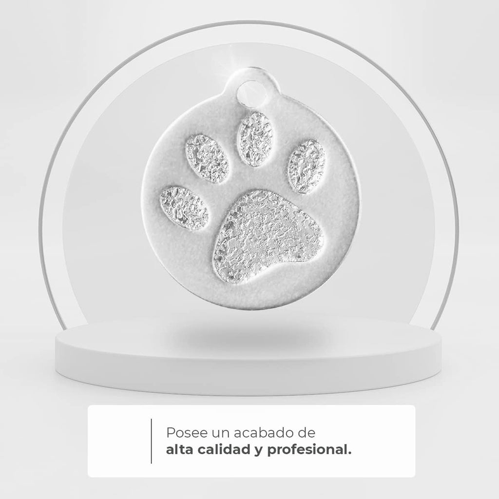 Ibera Gifts - Chapa Perro Grabada en Forma Redonda con Huella, Placa Perro Personalizada para Perros y Gatos Pequeños a Medianos, Tamaño 26 x 23 mm, Chapa Identificativa Perro y Gato (Plateada)