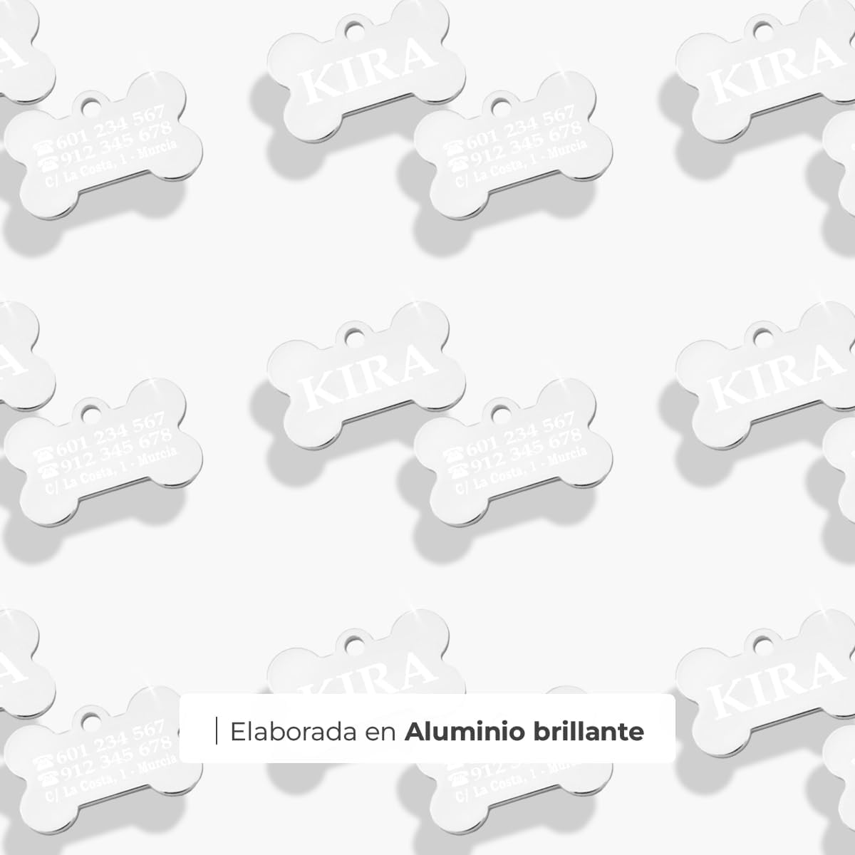 Ibera Gifts - Chapa Perro Grabada en Forma de Hueso, Placa Perro Personalizada para Perros y Gatos Pequeños y Medianos, Tamaño 30 x 20 mm, Chapa Identificativa Perro y Gato (Plateada)