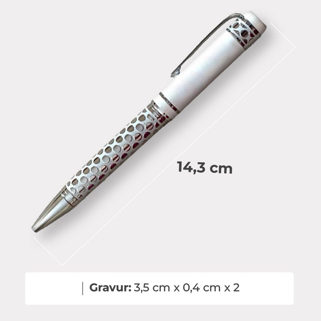 ibera gifts - Edler Kugelschreiber mit Gravur, personalisierter Kugelschreiber mit bis zu 2 Textzeilen, 14,3 cm, Geschenkbeutel inklusive (Weiß groß)