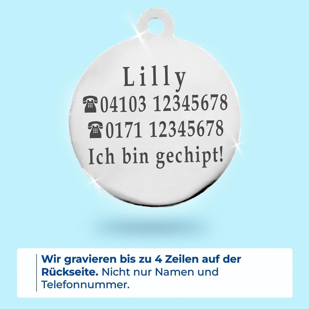 Ibera gifts - Runder Anhänger Katze mit Katzengesicht, personalisierter Adressanhänger für mittelgroße bis große Katzen, legiertes Metall, 25 x 25 mm, 4 Gravurzeilen auf der Rückseite (Glitter Blue)