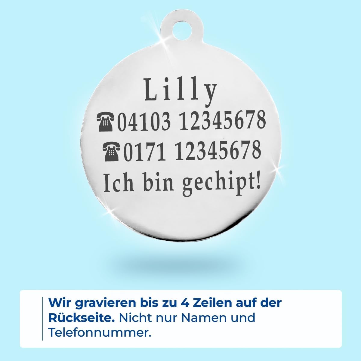 Ibera gifts - Runder Anhänger Katze mit Katzengesicht, personalisierter Adressanhänger für mittelgroße bis große Katzen, legiertes Metall, 25 x 25 mm, 4 Gravurzeilen auf der Rückseite (Glitter Blue)