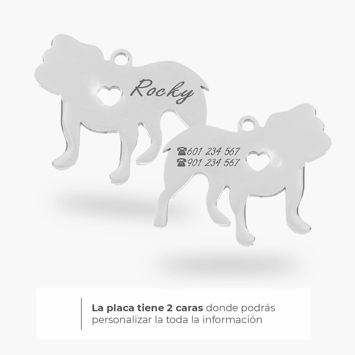 Chapa para Perro y Gato Personalizada - Ideal para Grabar su Nombre y tu Contacto - Placa Identificativa Hecha de Acero Inoxidable - Forma de Bulldog - Regalos Market