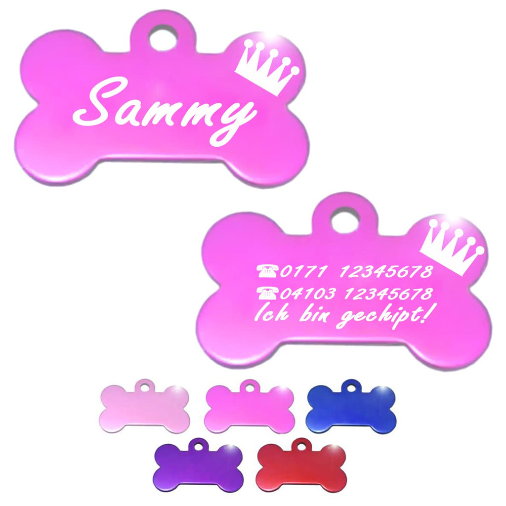 Ibera gifts - Hundemarke mit Gravur, Hundemarke personalisiert, XL, Knochenförmig, für große Haustiere, Aluminium (Lila)