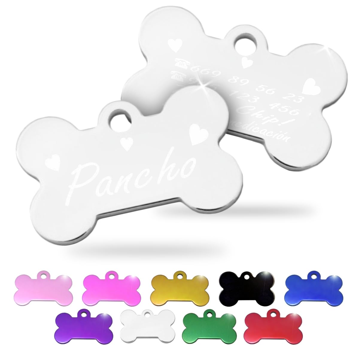 Ibera Gifts - Chapa Perro Grabada en Forma de Hueso, Placa Perro Personalizada para Perros y Gatos Medianos y Grandes, Tamaño 40 x 26 mm, Chapa Identificativa Perro y Gato (Negra)