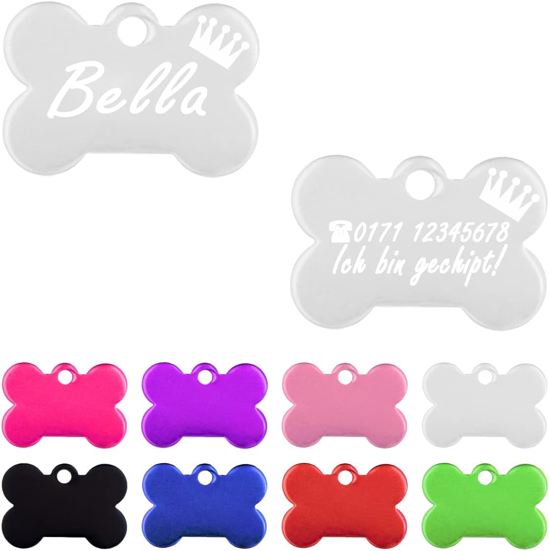 Iberiagifts - Hundemarke Knochen mit Gravur und Kronefür sehr kleine Welpen - Hunde - Katzen Haustier Plakette Anhänger Halsband Medaillon graviert personalisiert (Silber)