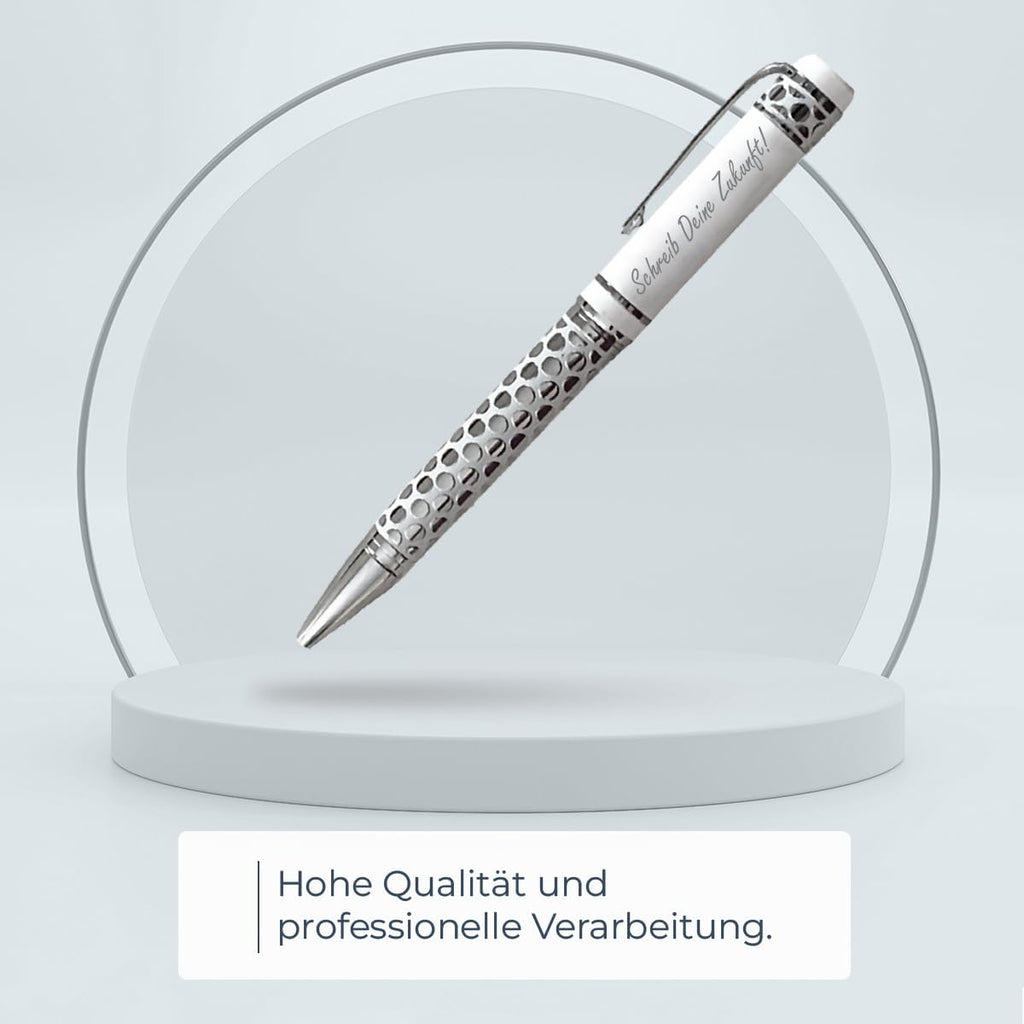 ibera gifts - Edler Kugelschreiber mit Gravur, personalisierter Kugelschreiber mit bis zu 2 Textzeilen, 14,3 cm, Geschenkbeutel inklusive (Weiß groß)
