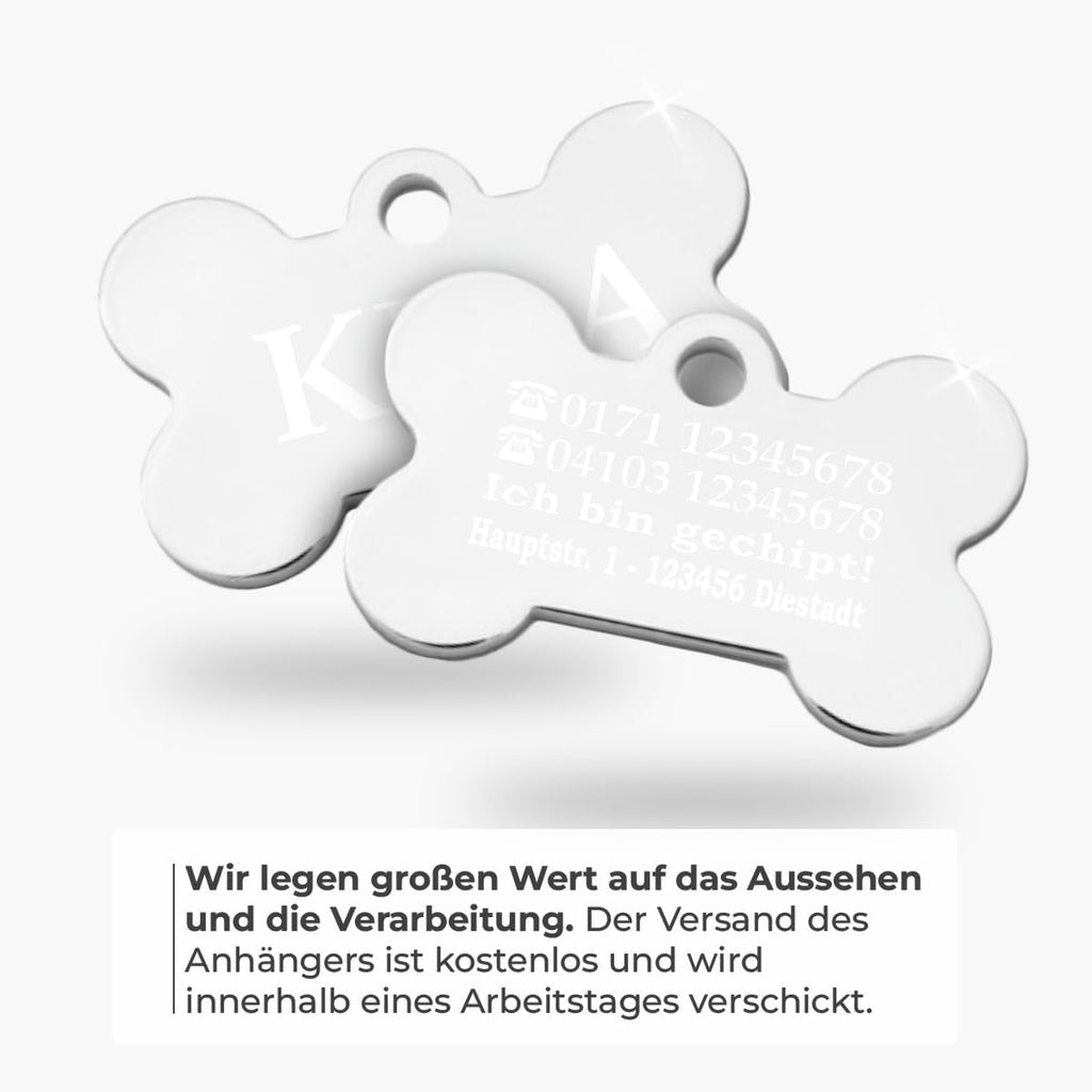 Ibera gifts - Hundemarke mit Gravur und personalisierte Hundemarke in Knochenform für mittelgroße bis große Hunde und Katzen (Silber, Keine Zeichnung)