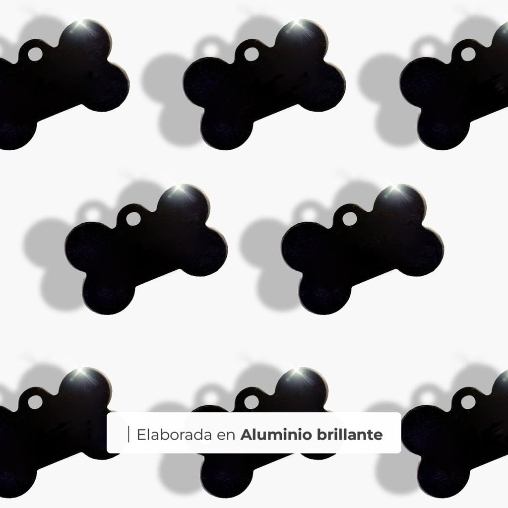 Ibera Gifts - Chapa Perro Grabada en Forma de Hueso, Placa Perro Personalizada para Perros y Gatos Medianos y Grandes, Tamaño 40 x 26 mm, Chapa Identificativa Perro y Gato (Negra)