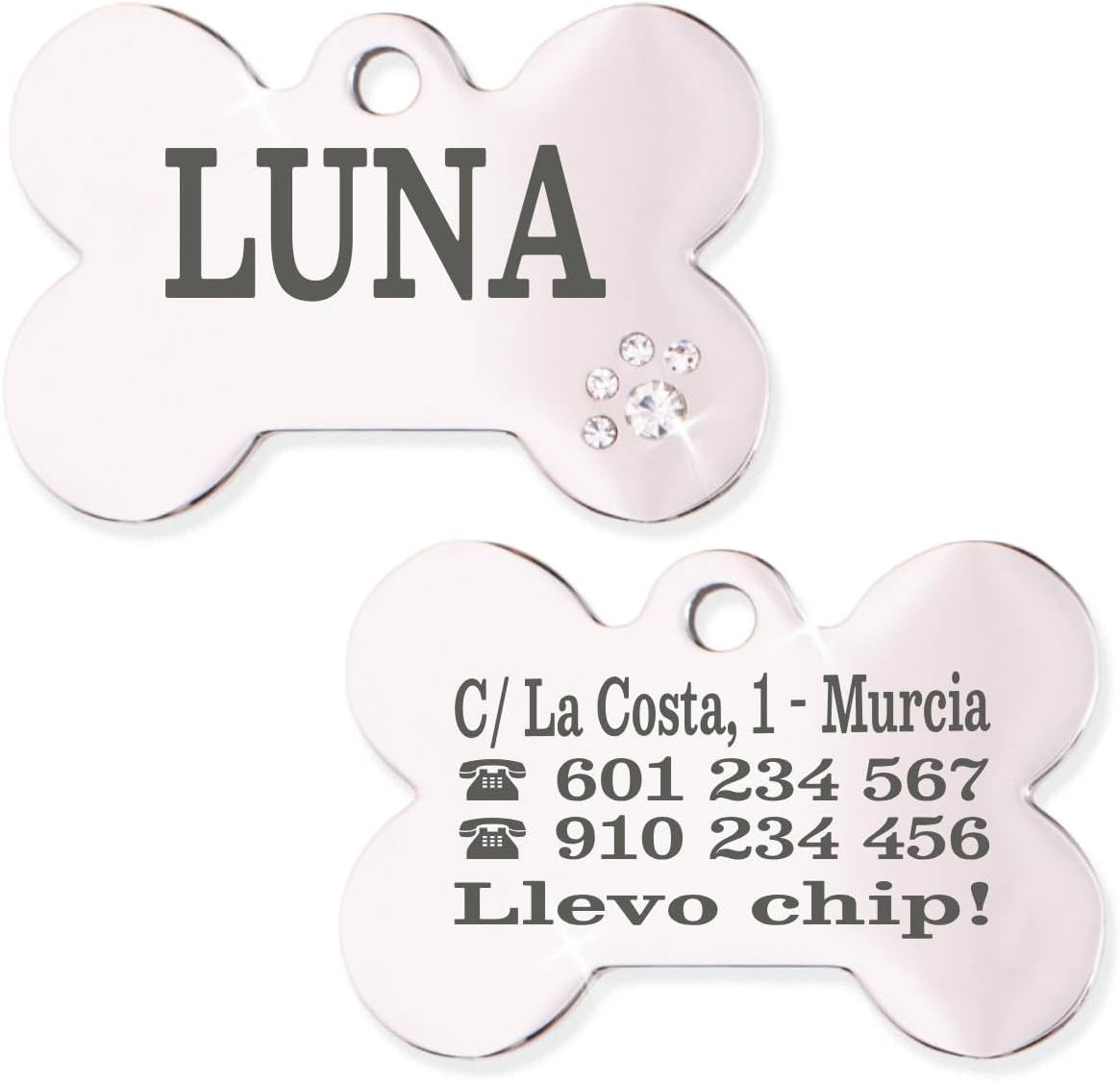 Ibera Gifts - Chapa Perro Grabada De Acero Inoxidable En Forma De Hueso, Tamaño 37 x 23 mm, Placa Perro Personalizada Para Perros Medianos Hasta Grandes