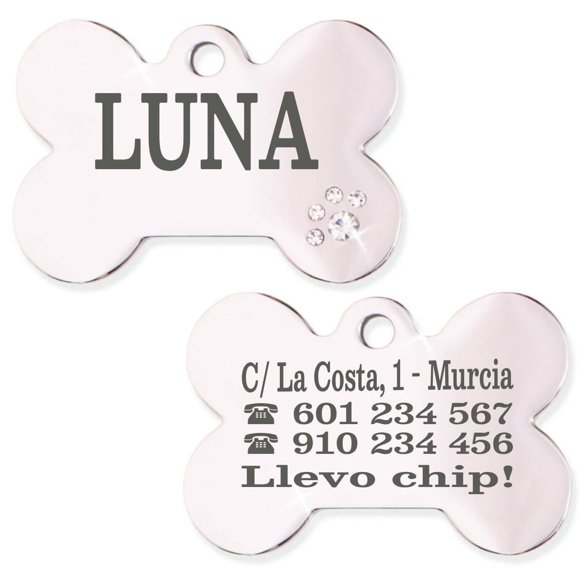 Ibera Gifts - Chapa Perro Grabada De Acero Inoxidable En Forma De Hueso, Tamaño 25 x 16 mm, Placa Perro Personalizada Para Cachorros y Mascotas Muy Pequeñas (Peq. 2 Huellas)