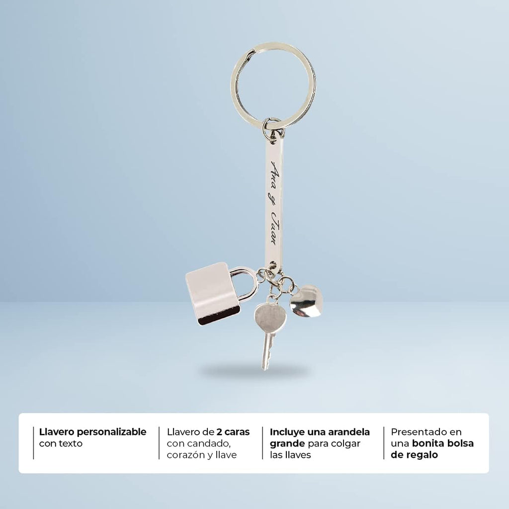 Ibera Gifts - Llavero Personalizado con Candado, Llave y Corazón, Acero Inoxidable, Llaveros Personalizados y Llaveros Originales, Presentado en Bolsa de Regalo