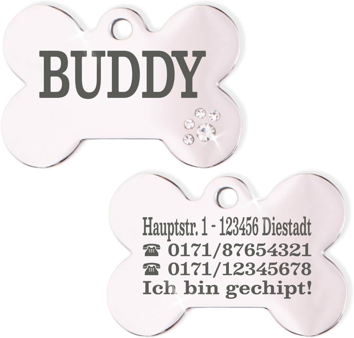 Ibera gifts - Hundemarke Mit Gravur - Personalisierte Hundemarke Für Mittelgroße Bis Große Hunde - Edelstahl 37 x 23 mm - Hundeanhänger Mit Gravur - Mit Strasssteinen (Silber/Strass/Pfote)
