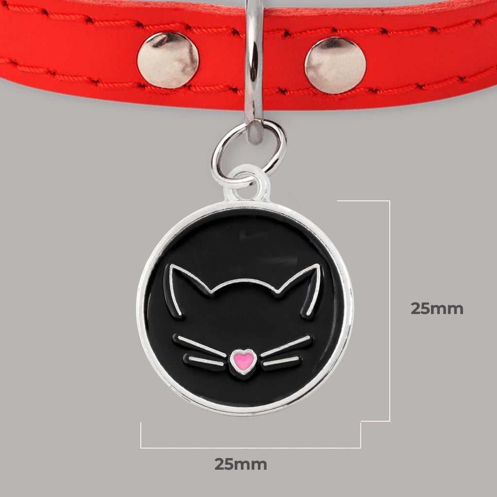 Ibera Gifts - Chapa Identificativa para Gato en Forma Redonda Con Cara de Gato, Nombre para Gatos de Todos los Tamaños, Metal de Aleación, Collar Personalizado (Negro)