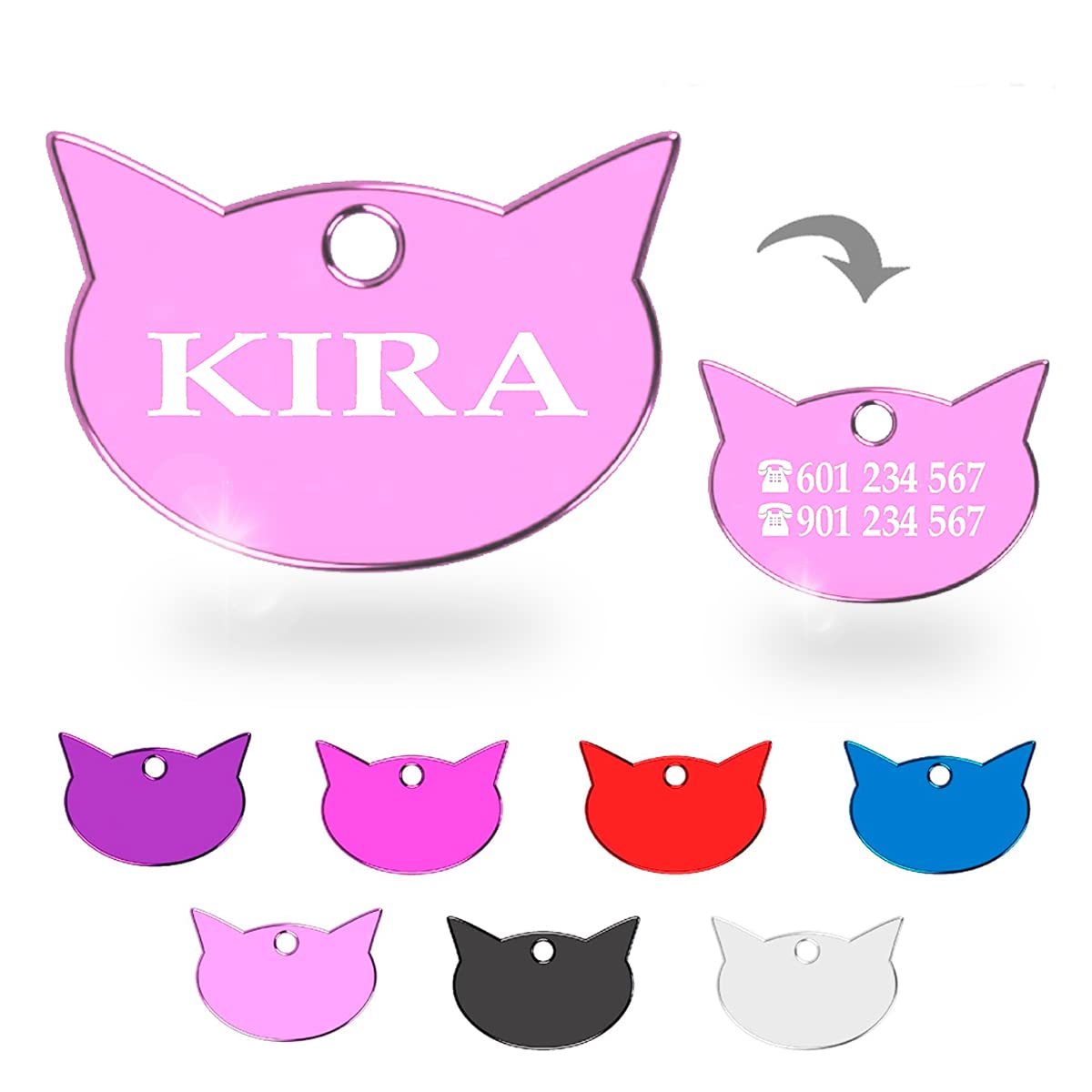 Ibera Gifts - Chapa Identificativa Gato en Forma de Cara de Gato, Chapa Nombre Gato para Gatos de Todos los Tamaños, Aluminio Brillante, Collar Gato Personalizado (Rojo)