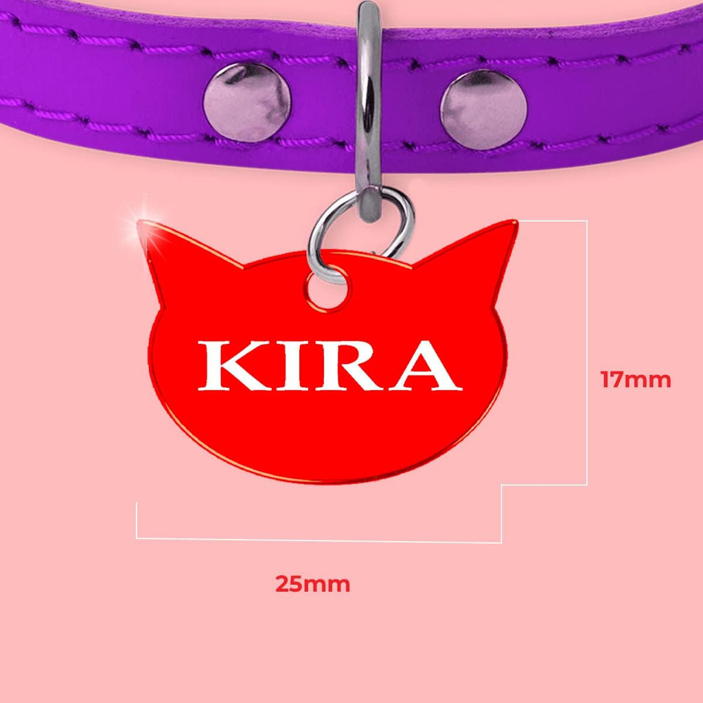 Ibera Gifts - Chapa Identificativa Gato en Forma de Cara de Gato, Chapa Nombre Gato para Gatos de Todos los Tamaños, Aluminio Brillante, Collar Gato Personalizado (Rojo)