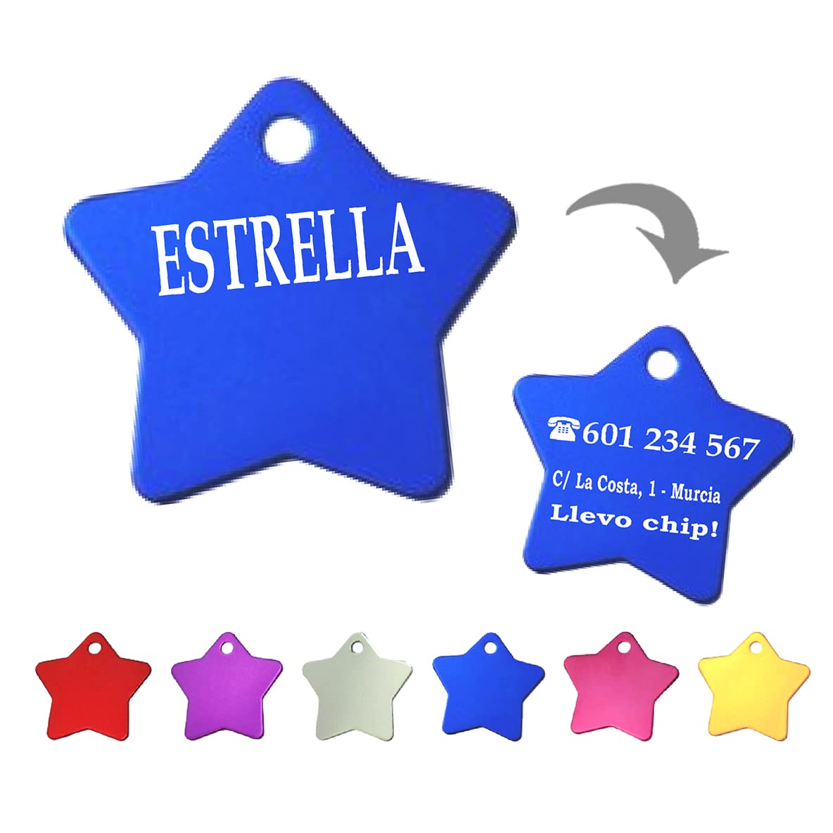 Ibera Gifts - Chapa Perro Grabada en Forma de Estrella para Perros y Gatos de Tamaño Mediano a Grande, Placa Perro Personalizada, Aluminio Brillante, Tamaño 36 x 36 mm (Dorado)