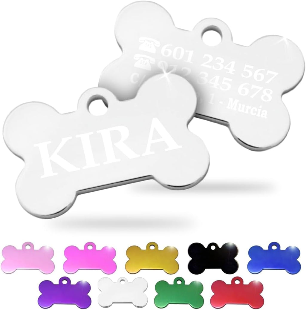 Ibera Gifts - Chapa Perro Grabada en Forma de Hueso, Placa Perro Personalizada para Perros y Gatos Pequeños y Medianos, Tamaño 30 x 20 mm, Chapa Identificativa Perro y Gato (Plateada)