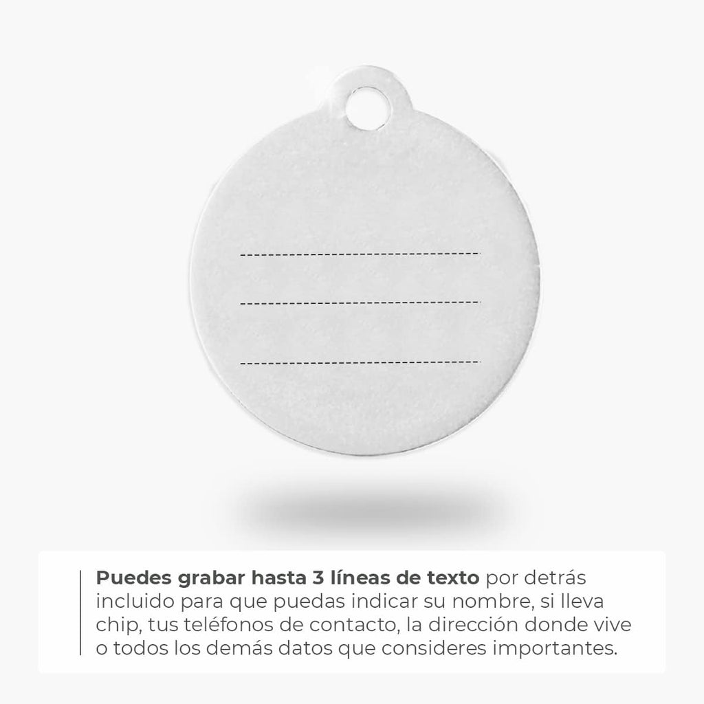 Ibera Gifts - Chapa Perro Grabada en Forma Redonda con Huella, Placa Perro Personalizada para Perros y Gatos Pequeños a Medianos, Tamaño 26 x 23 mm, Chapa Identificativa Perro y Gato (Plateada)