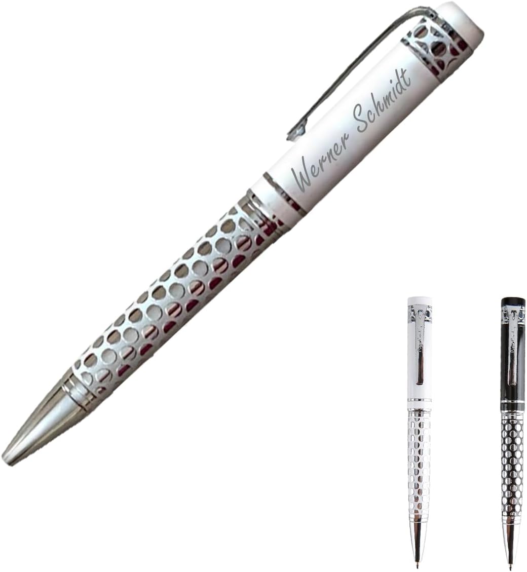 ibera gifts - Edler Kugelschreiber mit Gravur, personalisierter Kugelschreiber mit bis zu 2 Textzeilen, 14,3 cm, Geschenkbeutel inklusive (Weiß groß)