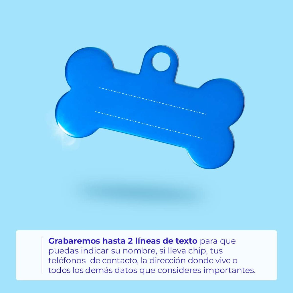 Ibera Gifts - Chapa Perro Grabada en Forma de Hueso para Perros y Gatos Pequeños a Medianos, Placa Perro Personalizada, Aluminio Brillante, Tamaño 30 x 15 mm (Azul)