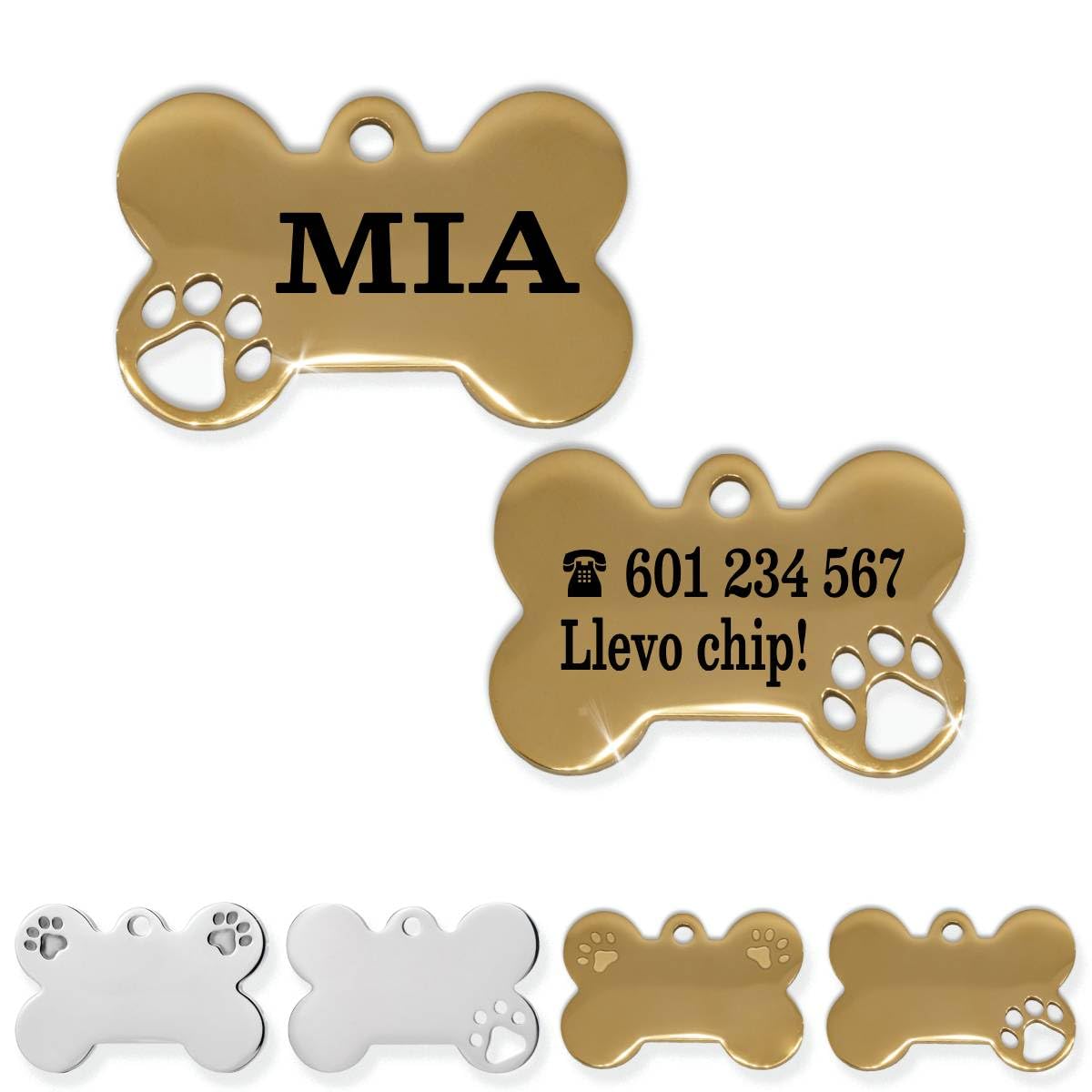 Ibera Gifts - Chapa Perro Grabada De Acero Inoxidable En Forma De Hueso, Tamaño 25 x 16 mm, Placa Perro Personalizada Para Cachorros y Mascotas Muy Pequeñas (Peq. 2 Huellas)