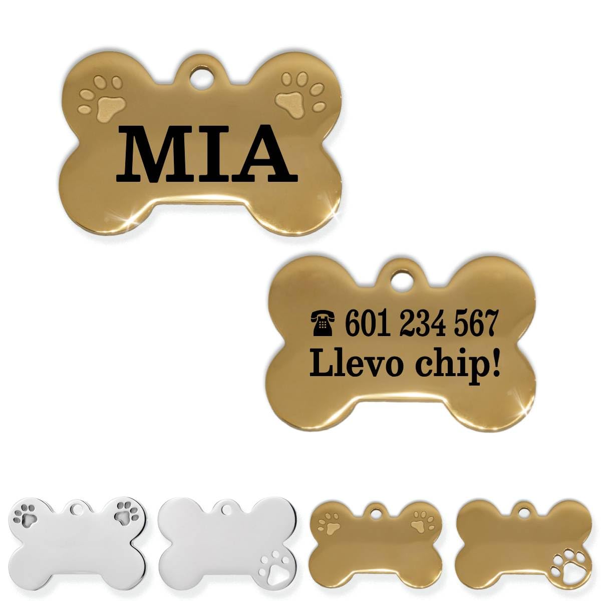Ibera Gifts - Chapa Perro Grabada De Acero Inoxidable En Forma De Hueso, Tamaño 25 x 16 mm, Placa Perro Personalizada Para Cachorros y Mascotas Muy Pequeñas (Peq. 2 Huellas)
