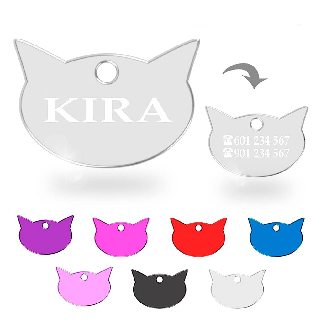 Ibera Gifts - Chapa Identificativa Gato en Forma de Cara de Gato, Chapa Nombre Gato para Gatos de Todos los Tamaños, Aluminio Brillante, Collar Gato Personalizado (Rojo)