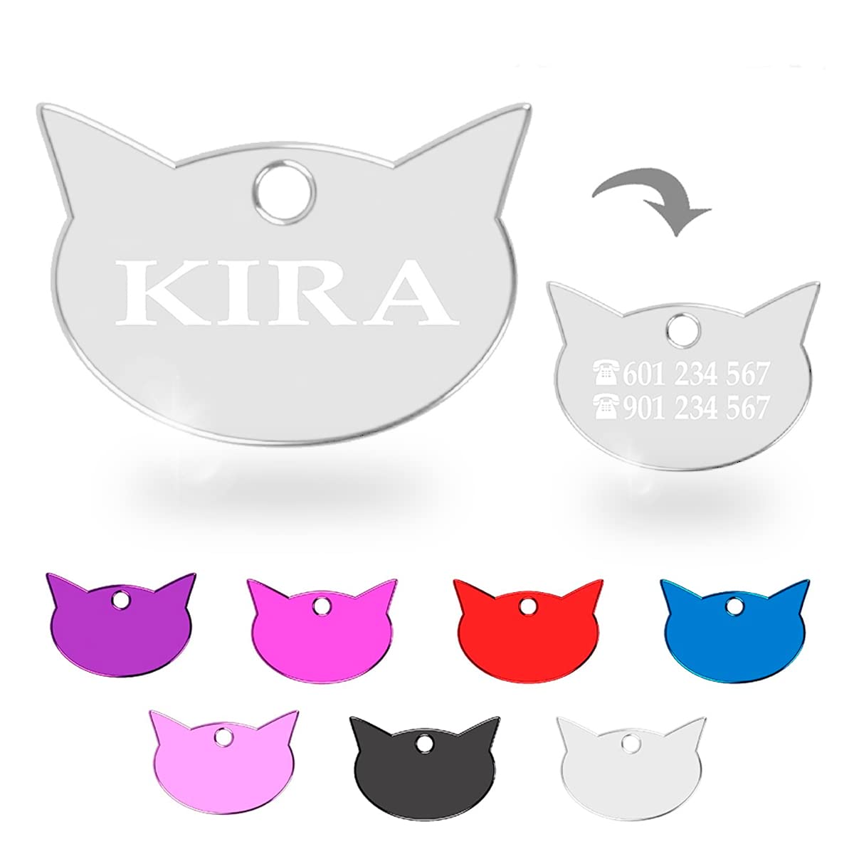 Ibera Gifts - Chapa Identificativa Gato en Forma de Cara de Gato, Chapa Nombre Gato para Gatos de Todos los Tamaños, Aluminio Brillante, Collar Gato Personalizado (Rojo)