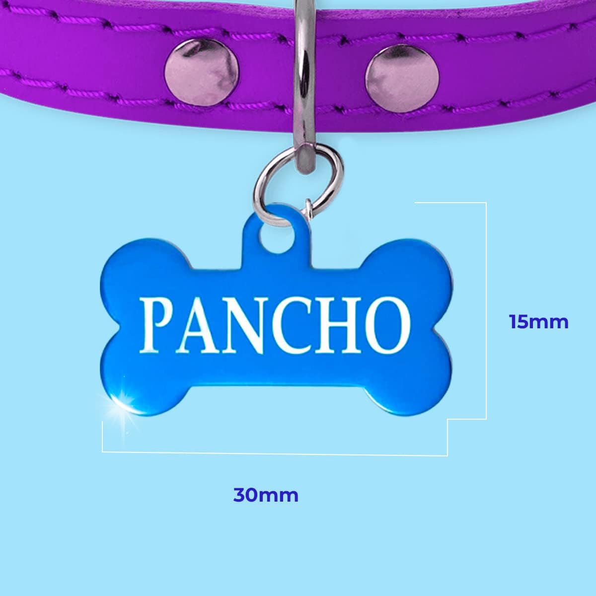 Ibera Gifts - Chapa Perro Grabada en Forma de Hueso para Perros y Gatos Pequeños a Medianos, Placa Perro Personalizada, Aluminio Brillante, Tamaño 30 x 15 mm (Azul)