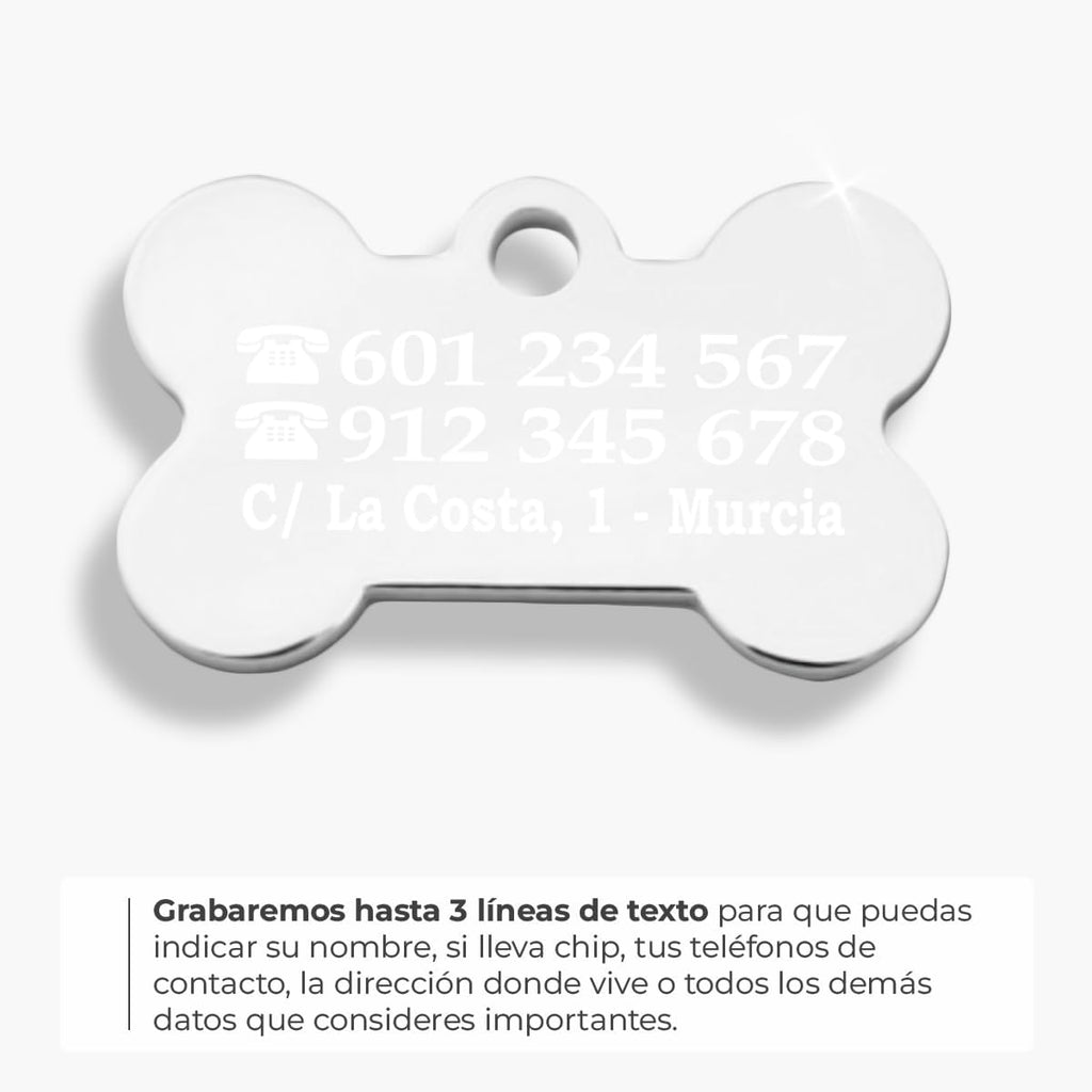 Ibera Gifts - Chapa Perro Grabada en Forma de Hueso, Placa Perro Personalizada para Perros y Gatos Pequeños y Medianos, Tamaño 30 x 20 mm, Chapa Identificativa Perro y Gato (Plateada)