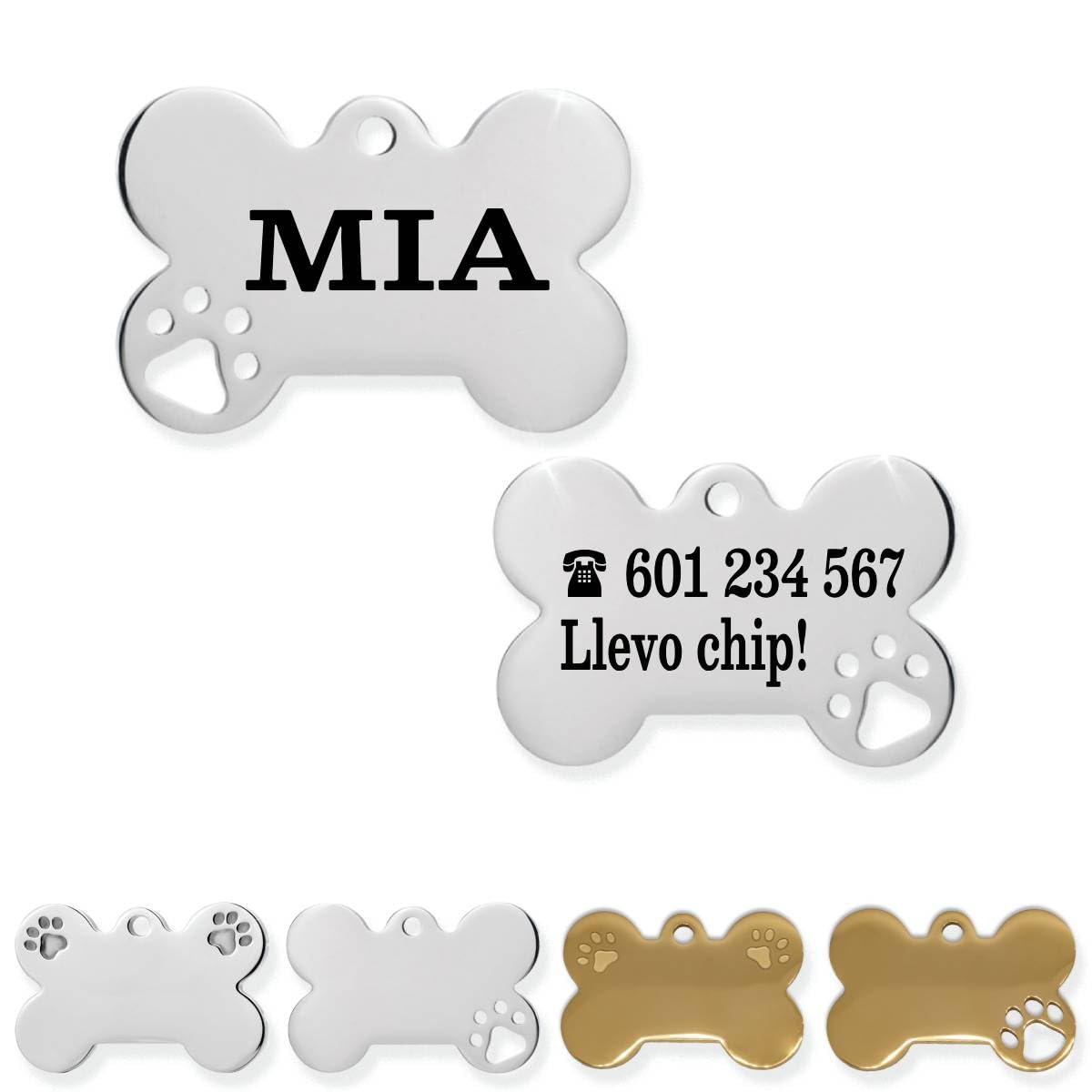 Ibera Gifts - Chapa Perro Grabada De Acero Inoxidable En Forma De Hueso, Tamaño 25 x 16 mm, Placa Perro Personalizada Para Cachorros y Mascotas Muy Pequeñas (Peq. 2 Huellas)