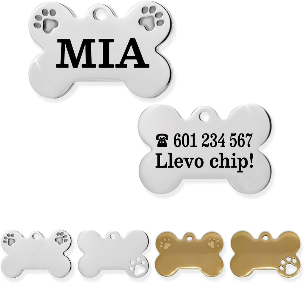 Ibera Gifts - Chapa Perro Grabada De Acero Inoxidable En Forma De Hueso, Tamaño 25 x 16 mm, Placa Perro Personalizada Para Cachorros y Mascotas Muy Pequeñas (Peq. 2 Huellas)