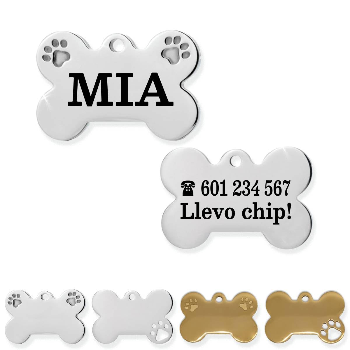 Ibera Gifts - Chapa Perro Grabada De Acero Inoxidable En Forma De Hueso, Tamaño 37 x 23 mm, Placa Perro Personalizada Para Perros Medianos Hasta Grandes