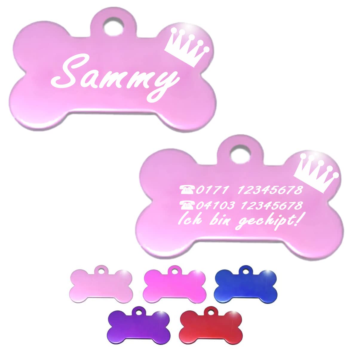 Ibera gifts - Hundemarke mit Gravur, Hundemarke personalisiert, XL, Knochenförmig, für große Haustiere, Aluminium (Lila)