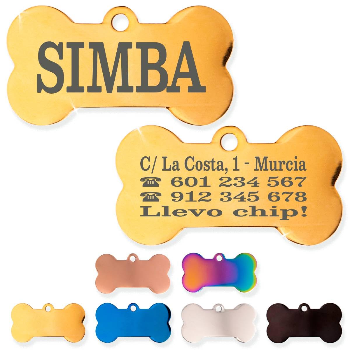 Ibera Gifts - Chapa Perro Grabada De Acero Inoxidable En Forma De Hueso, Tamaño 37 x 23 mm, Placa Perro Personalizada Para Perros Medianos Hasta Grandes