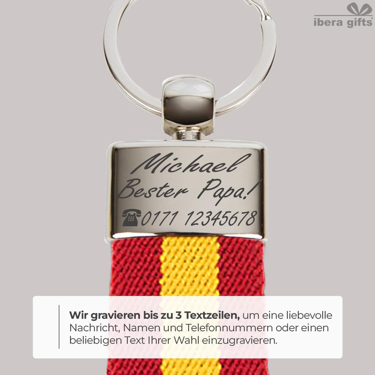 ibera gifts - Schlüsselanhänger personalisiert mit Farben der Spanischen Flagge, mit Namen, 9,5 x 3,2 cm, in Geschenkbeutel