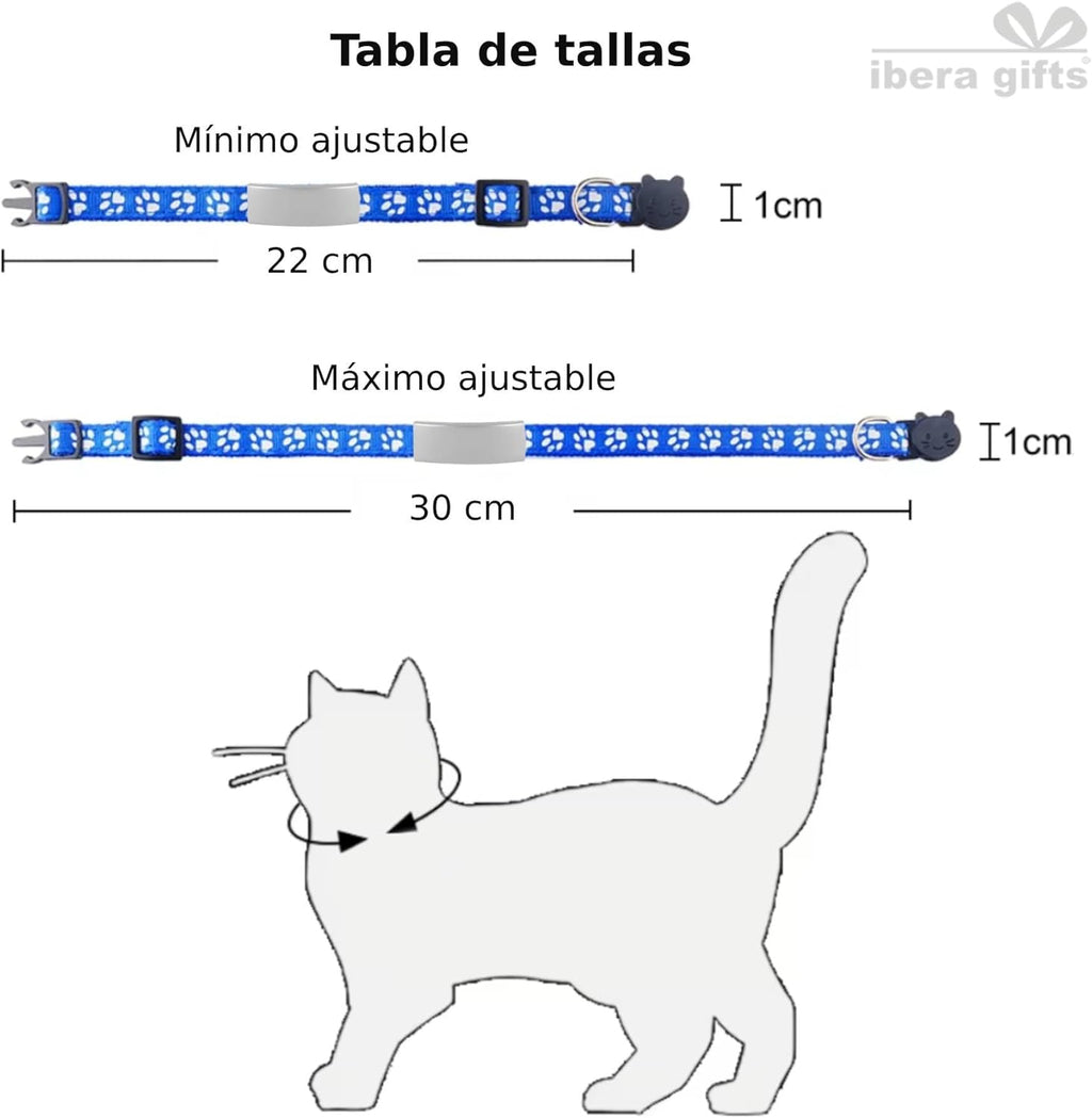 Ibera Gifts - Collar Gato Personalizado Antiahogo y Reflectante, Ajustable De 22 a 30 cm, Grabado Con Nombre, Para Gatos De Todos Los Tamaños, Sin Cascabel (Azul)