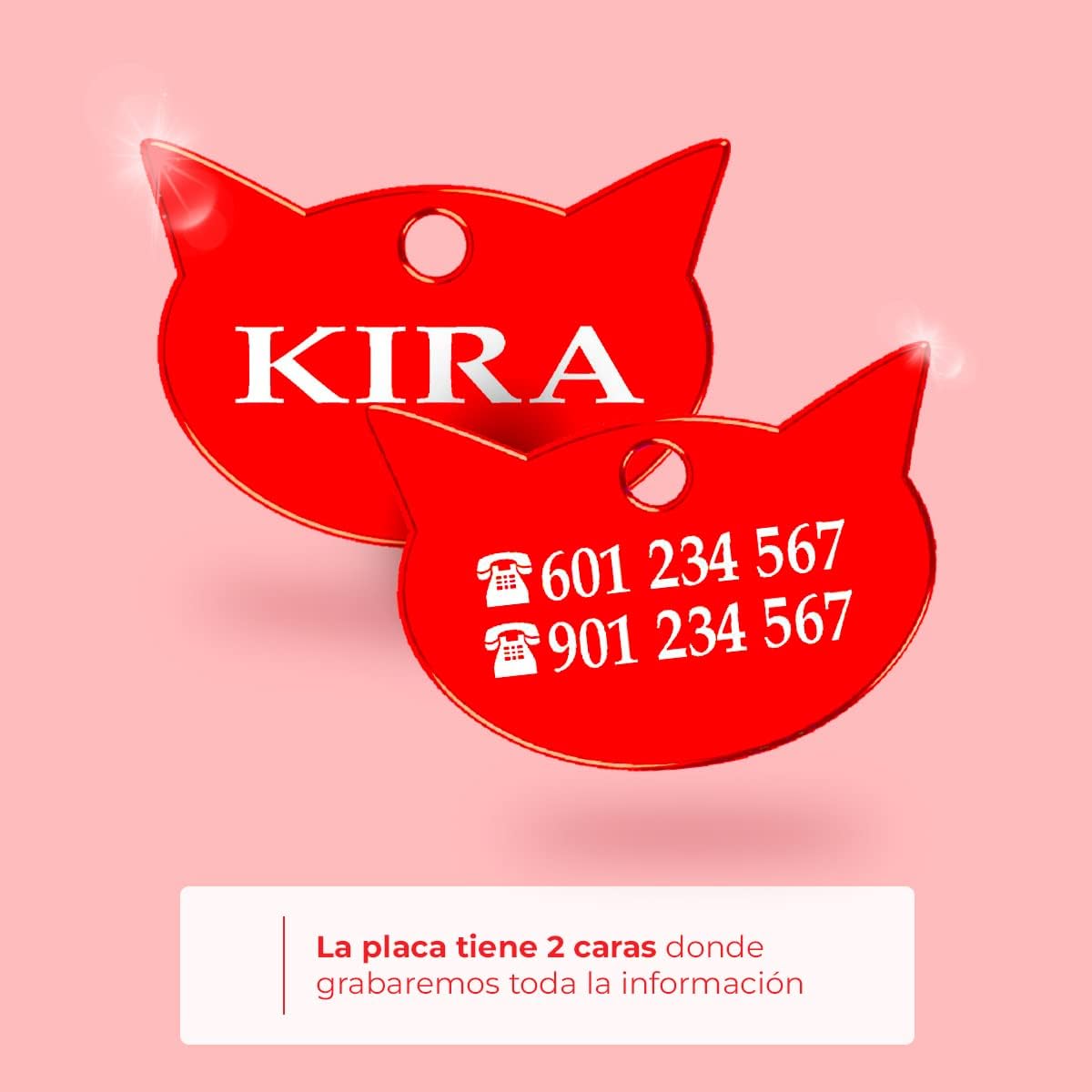 Ibera Gifts - Chapa Identificativa Gato en Forma de Cara de Gato, Chapa Nombre Gato para Gatos de Todos los Tamaños, Aluminio Brillante, Collar Gato Personalizado (Rojo)