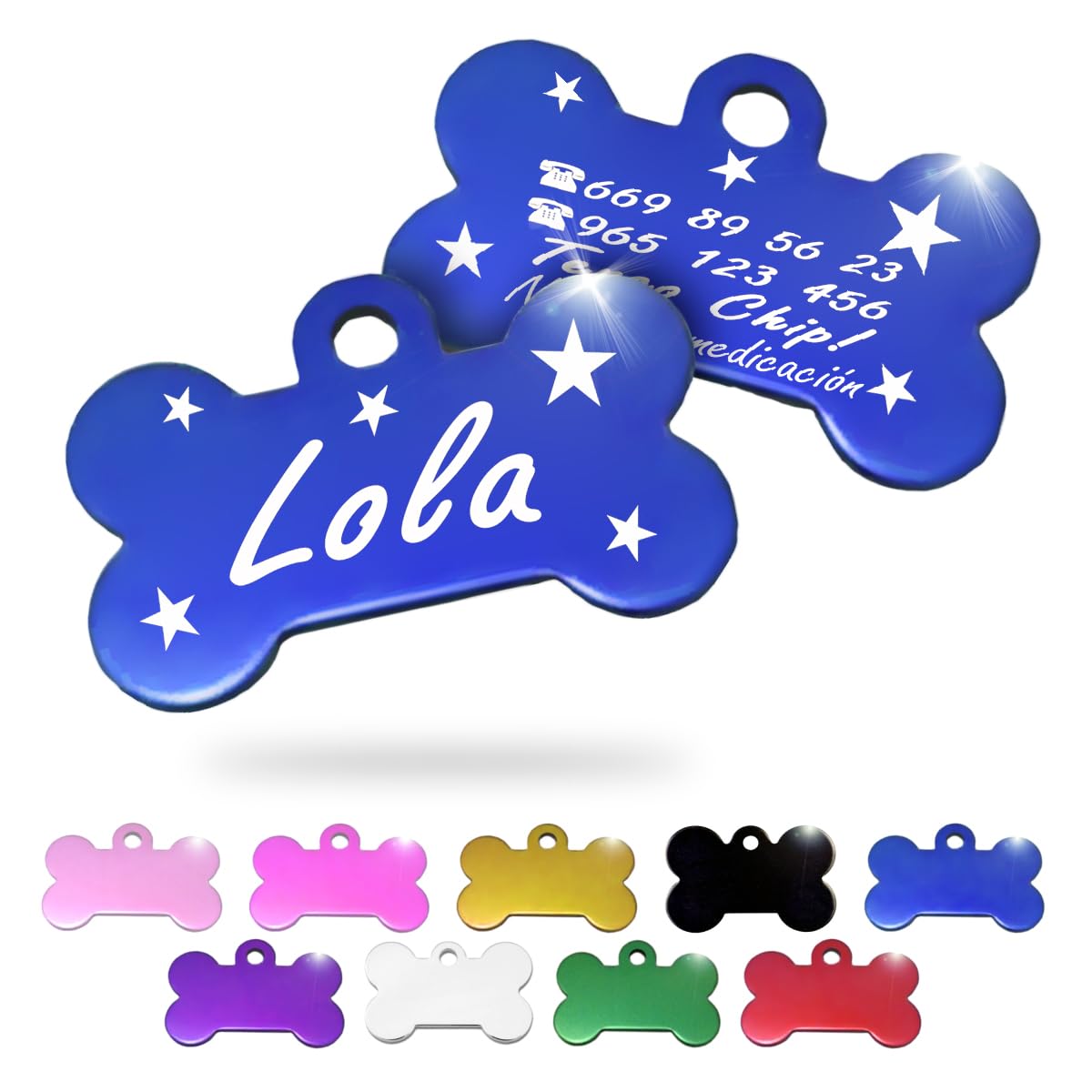 Ibera Gifts - Chapa Perro Grabada en Forma de Hueso, Placa Perro Personalizada para Perros y Gatos Medianos y Grandes, Tamaño 40 x 26 mm, Chapa Identificativa Perro y Gato (Negra)