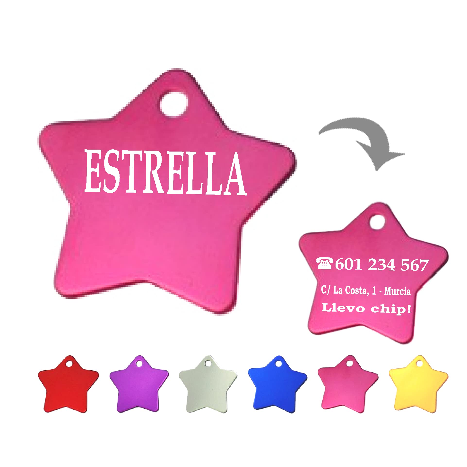 Ibera Gifts - Chapa Perro Grabada en Forma de Estrella para Perros y Gatos de Tamaño Mediano a Grande, Placa Perro Personalizada, Aluminio Brillante, Tamaño 36 x 36 mm (Dorado)