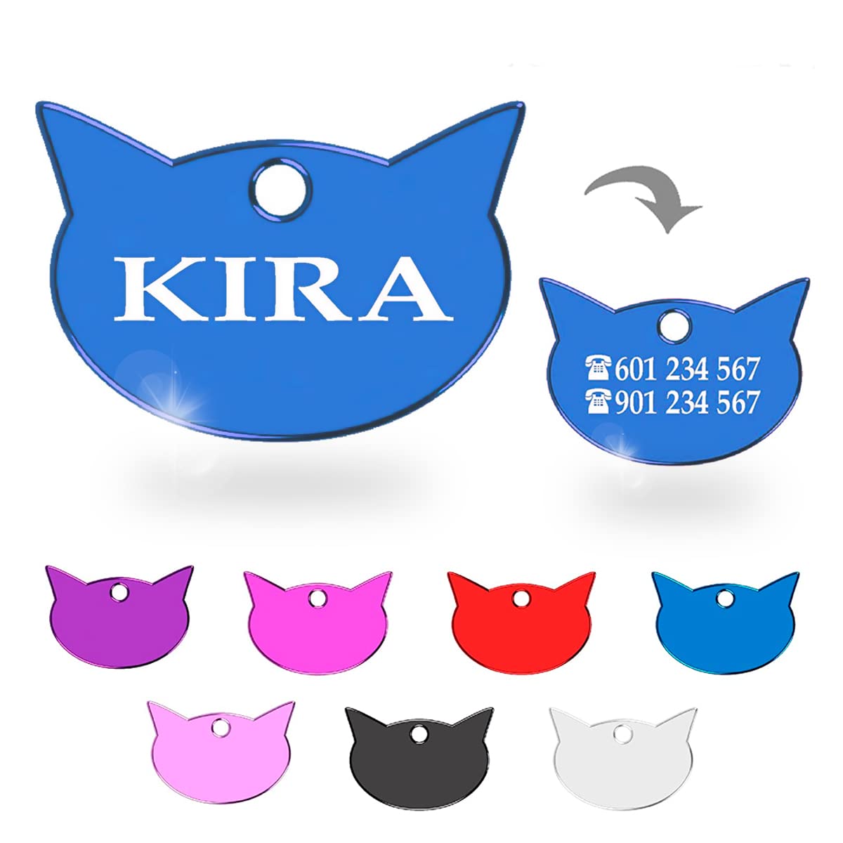 Ibera Gifts - Chapa Identificativa Gato en Forma de Cara de Gato, Chapa Nombre Gato para Gatos de Todos los Tamaños, Aluminio Brillante, Collar Gato Personalizado (Rojo)